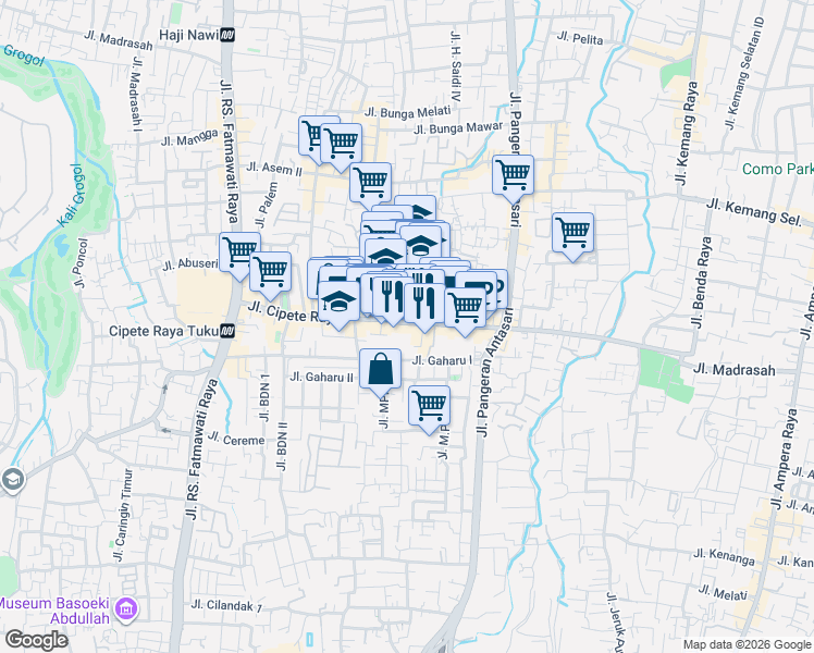map of restaurants, bars, coffee shops, grocery stores, and more near 8F Jalan Cipete Raya in Kota Jakarta Selatan