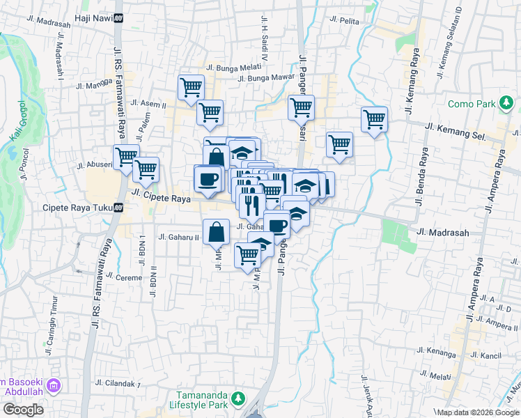 map of restaurants, bars, coffee shops, grocery stores, and more near 44 Jalan Gaharu I in Kota Jakarta Selatan