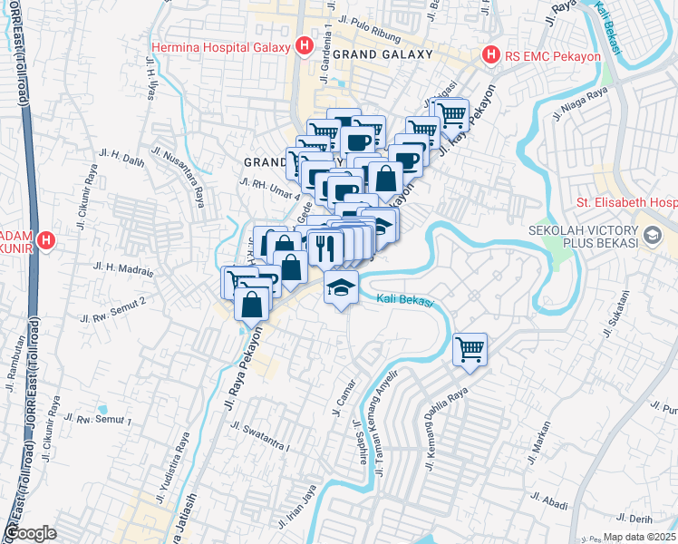 map of restaurants, bars, coffee shops, grocery stores, and more near 2 Jalan Raya Pekayon in Kota Bekasi