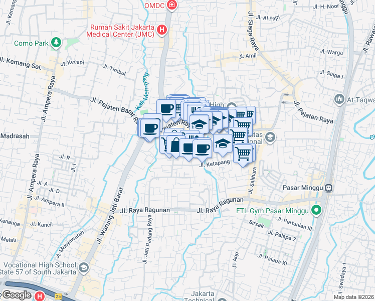 map of restaurants, bars, coffee shops, grocery stores, and more near 70 Jalan Pejaten Raya in South Jakarta