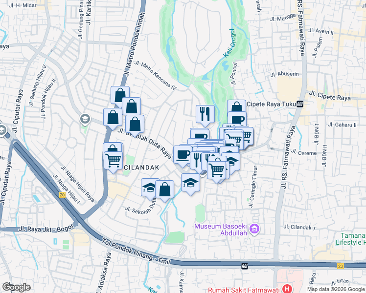 map of restaurants, bars, coffee shops, grocery stores, and more near TF3 Jalan Kencana Indah 3 in South Jakarta