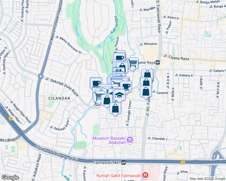 map of restaurants, bars, coffee shops, grocery stores, and more near 18 Jalan Terogong Raya in Kota Jakarta Selatan