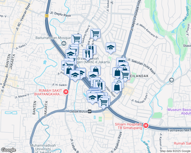 map of restaurants, bars, coffee shops, grocery stores, and more near 65 Jalan Niaga Hijau Raya in Kota Jakarta Selatan