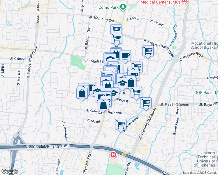 map of restaurants, bars, coffee shops, grocery stores, and more near Jalan Ampera Raya in Kota Jakarta Selatan