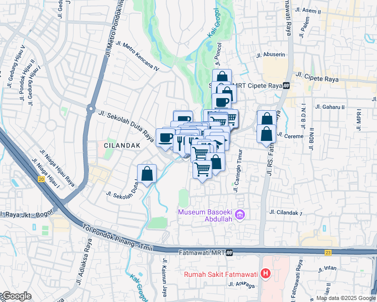 map of restaurants, bars, coffee shops, grocery stores, and more near 34 Jalan Terogong Raya in South Jakarta