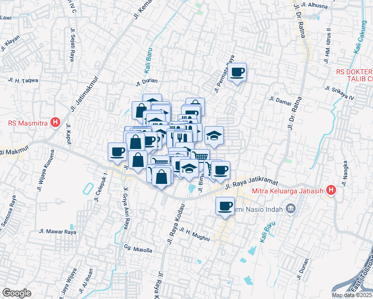 map of restaurants, bars, coffee shops, grocery stores, and more near Jalan Raya Jati Kramat Indah II in Kota Bekasi