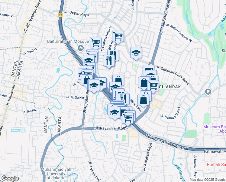 map of restaurants, bars, coffee shops, grocery stores, and more near 65 Jalan Niaga Hijau Raya in Kota Jakarta Selatan