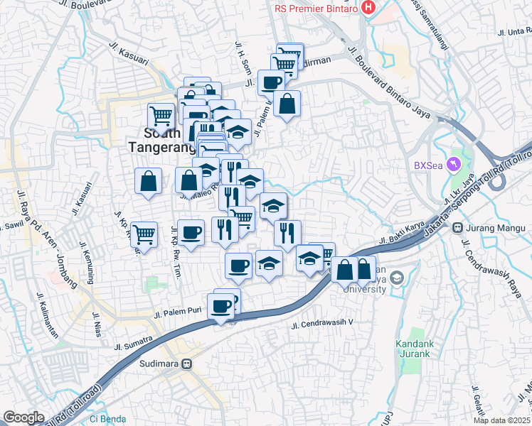 map of restaurants, bars, coffee shops, grocery stores, and more near 75 Jalan Kompleks Puri Bintaro in Kota Tangerang Selatan
