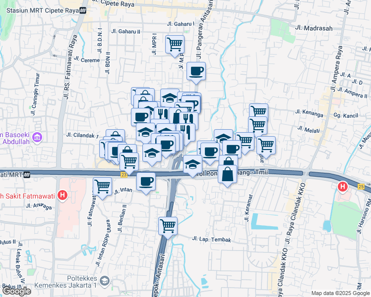 map of restaurants, bars, coffee shops, grocery stores, and more near in South Jakarta City