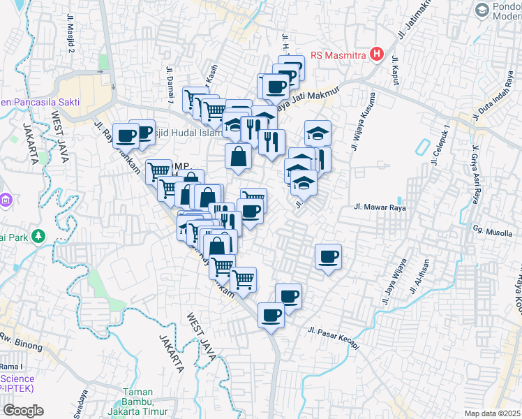 map of restaurants, bars, coffee shops, grocery stores, and more near 15 Jalan Bukit Kencana III in Kota Bekasi