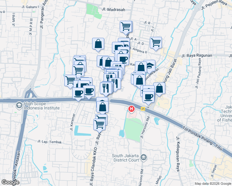 map of restaurants, bars, coffee shops, grocery stores, and more near 9-10 Jalan Ampera Raya in Kota Jakarta Selatan