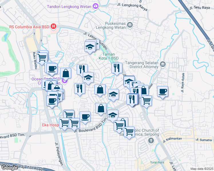 map of restaurants, bars, coffee shops, grocery stores, and more near 18 Jalan Edelweis in Kota Tangerang Selatan