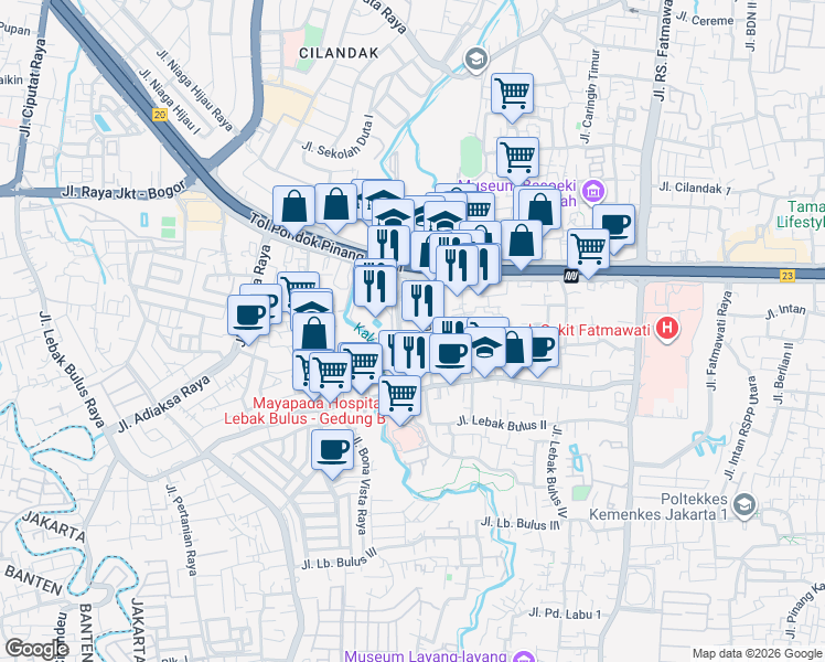 map of restaurants, bars, coffee shops, grocery stores, and more near Jalan Tahi Bonar Simatupang in Kota Jakarta Selatan