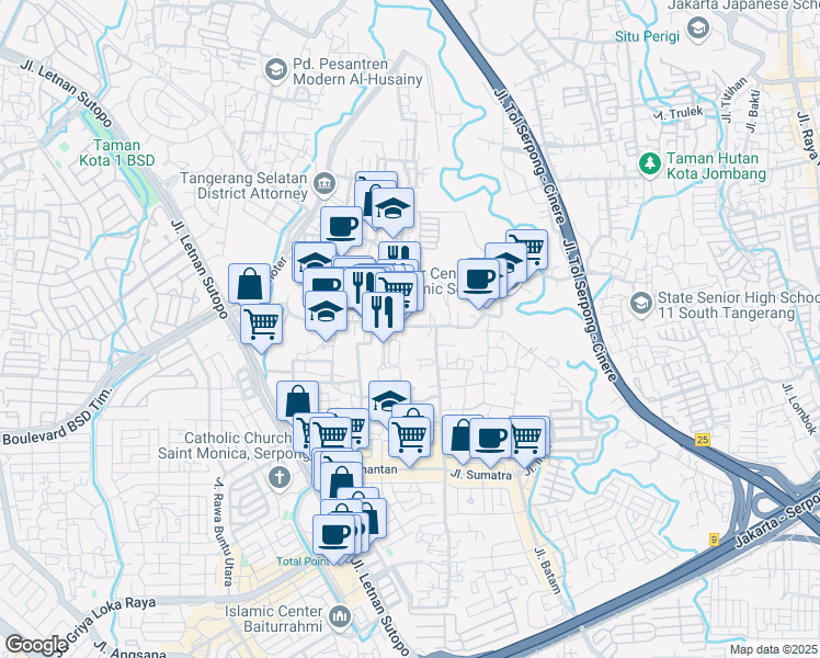 map of restaurants, bars, coffee shops, grocery stores, and more near 4 Jalan Lengkong Gudang Timur Raya in Kota Tangerang Selatan