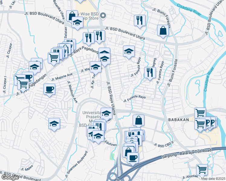 map of restaurants, bars, coffee shops, grocery stores, and more near 22 Jalan BSD Raya Utama in Tangerang