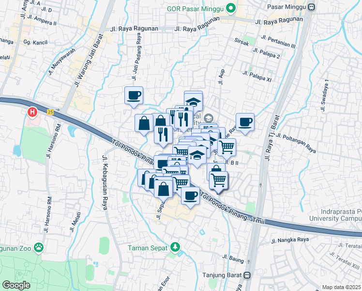 map of restaurants, bars, coffee shops, grocery stores, and more near 36A Jalan Villa Jatipadang in Kota Jakarta Selatan