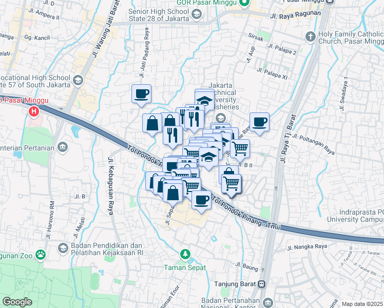 map of restaurants, bars, coffee shops, grocery stores, and more near 36A Jalan Villa Jatipadang in Kota Jakarta Selatan