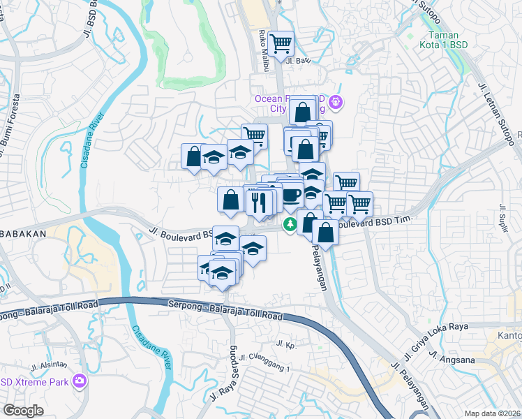 map of restaurants, bars, coffee shops, grocery stores, and more near Jalan Sunburst CBD in Kota Tangerang Selatan