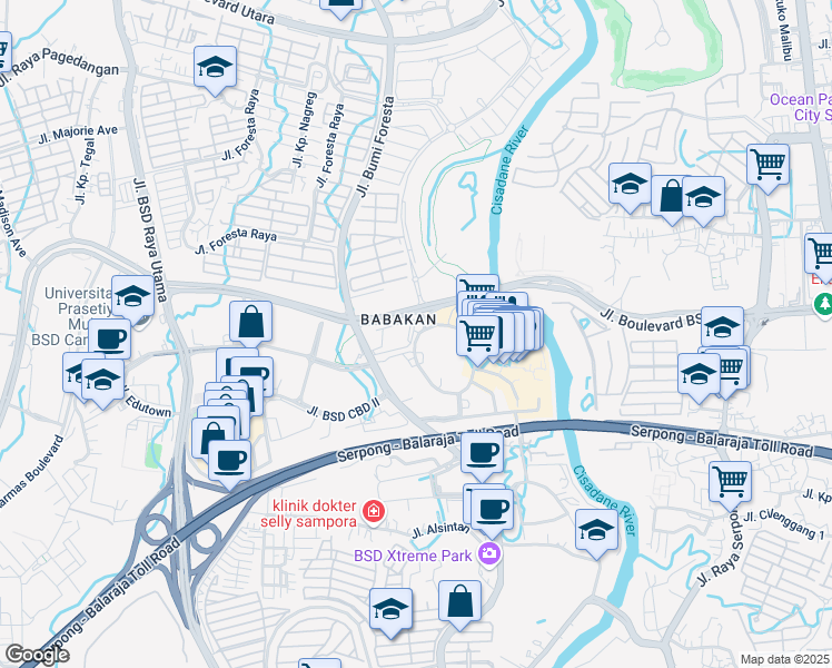 map of restaurants, bars, coffee shops, grocery stores, and more near Jalan BSD Grand Boulevard in Tangerang