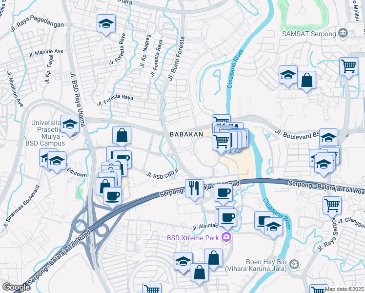map of restaurants, bars, coffee shops, grocery stores, and more near Jalan Boulevard BSD City in Tangerang