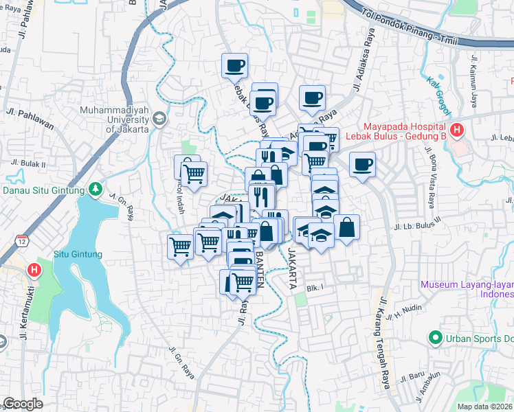 map of restaurants, bars, coffee shops, grocery stores, and more near 96 Jalan Lebak Bulus PDK in Kota Jakarta Selatan