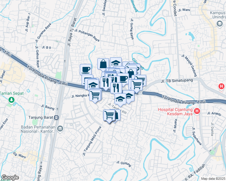 map of restaurants, bars, coffee shops, grocery stores, and more near Jalan Tol Lingkar Luar Jakarta in Kota Jakarta Selatan