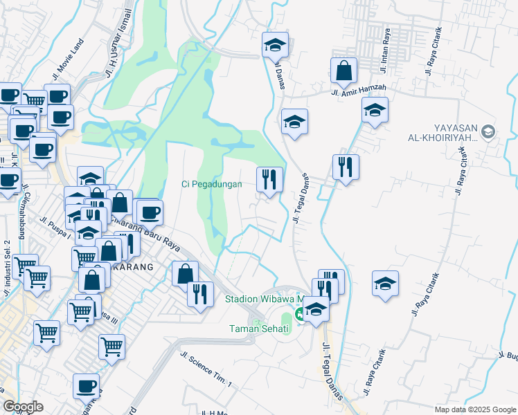 map of restaurants, bars, coffee shops, grocery stores, and more near 75 Jalan Tegal Danas in Bekasi