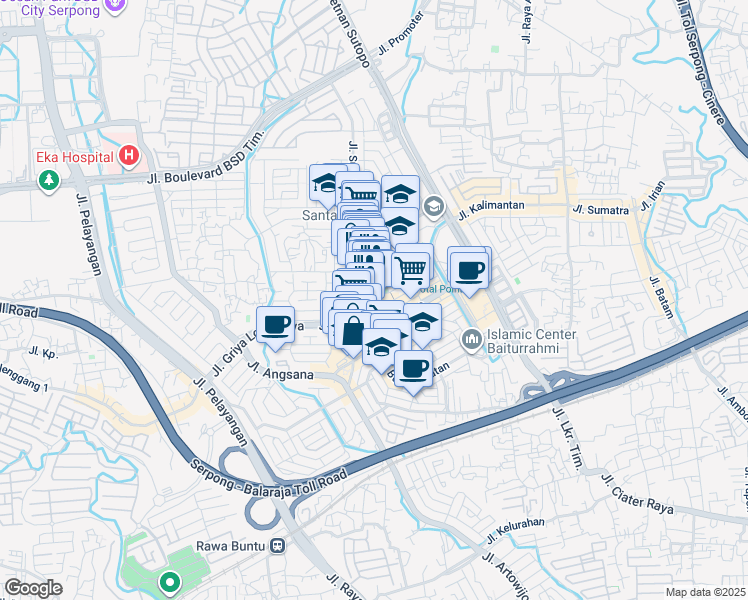 map of restaurants, bars, coffee shops, grocery stores, and more near 1 Jalan Rawa Buntu Utara in Kota Tangerang Selatan