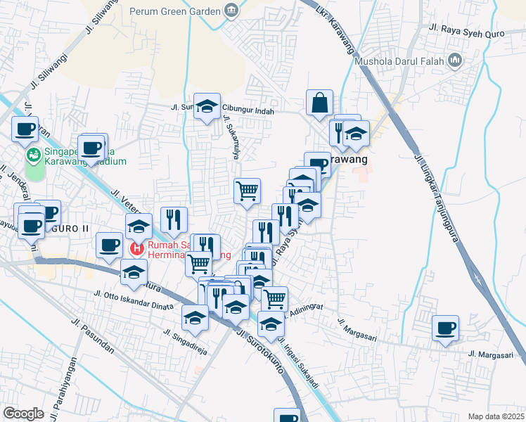 map of restaurants, bars, coffee shops, grocery stores, and more near in West Karawang