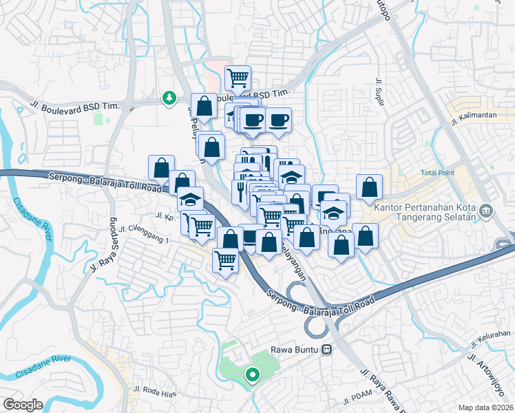 map of restaurants, bars, coffee shops, grocery stores, and more near 26 Jalan Anggrek Mawar in Kota Tangerang Selatan