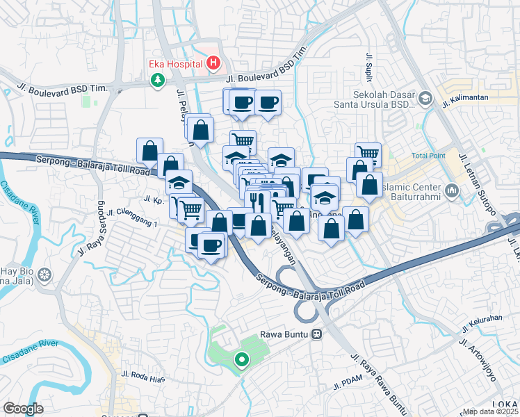 map of restaurants, bars, coffee shops, grocery stores, and more near 18 Jalan Pelayangan in Kota Tangerang Selatan