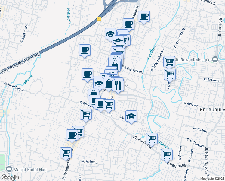 map of restaurants, bars, coffee shops, grocery stores, and more near Jalan Bunga Sakura Raya in Kota Bekasi