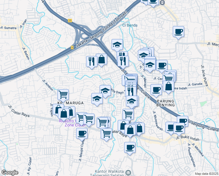 map of restaurants, bars, coffee shops, grocery stores, and more near Vila Dago Tol in Kota Tangerang Selatan