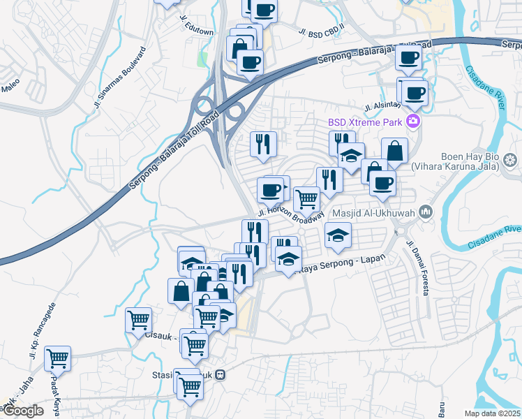 map of restaurants, bars, coffee shops, grocery stores, and more near Jalan Simplicity XIV in Tangerang