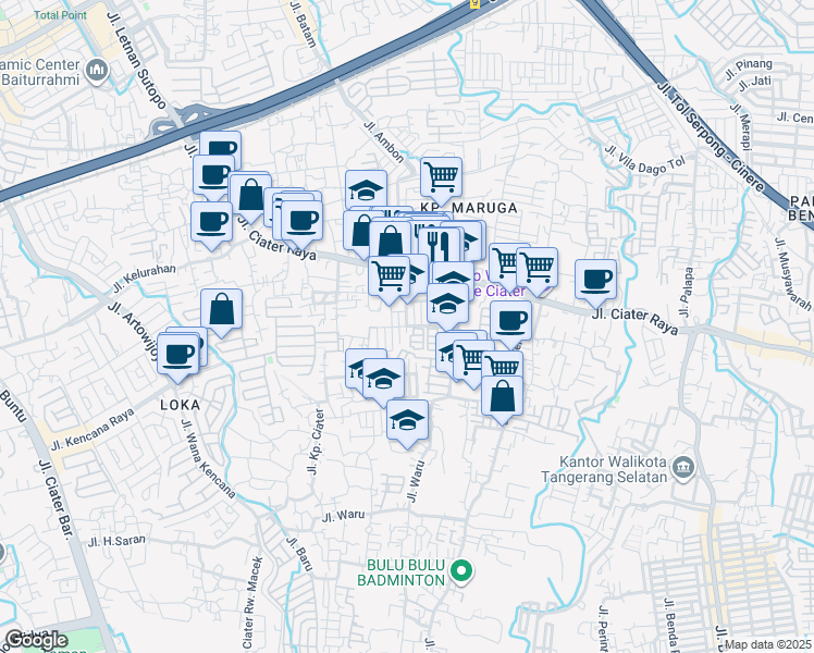 map of restaurants, bars, coffee shops, grocery stores, and more near Jalan Ciater Permai Raya in Kota Tangerang Selatan