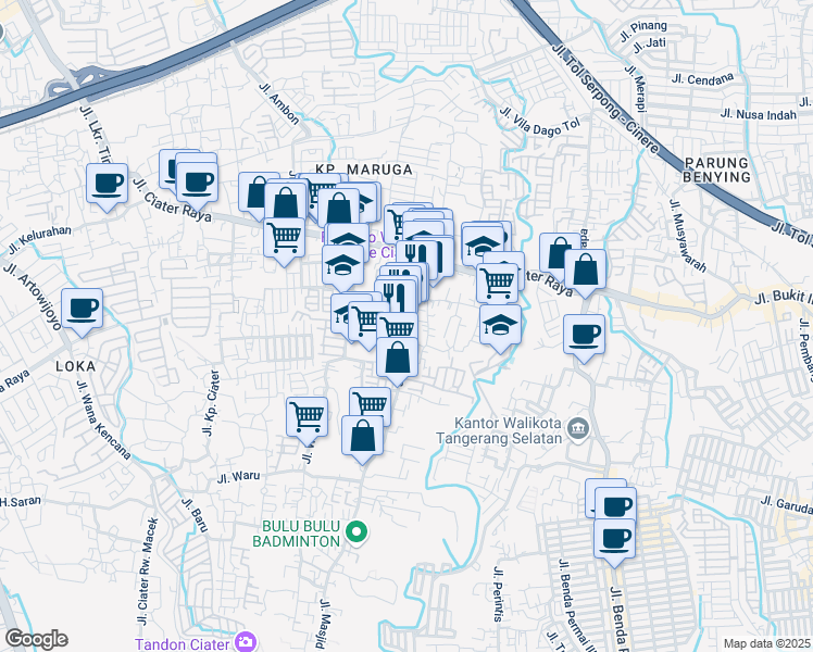 map of restaurants, bars, coffee shops, grocery stores, and more near 81 Jalan Masjid Ciater in Kota Tangerang Selatan