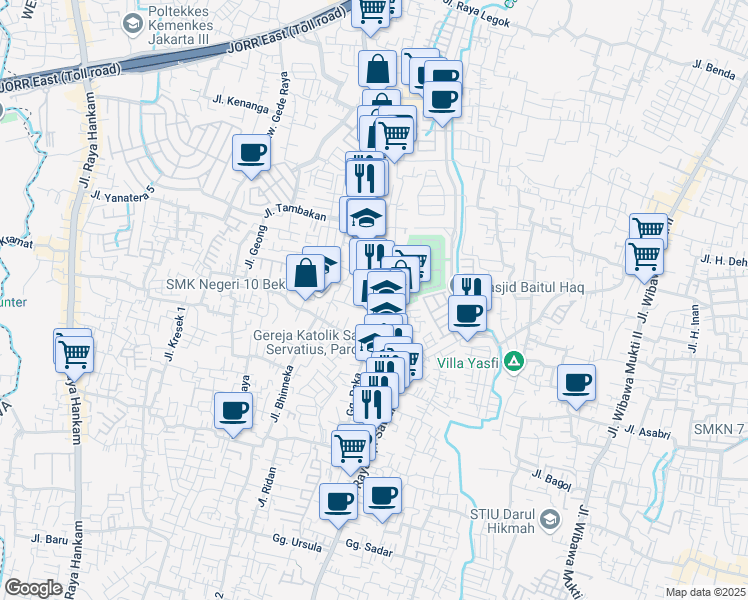 map of restaurants, bars, coffee shops, grocery stores, and more near Jalan Kampung Sawah Raya in Kota Bekasi