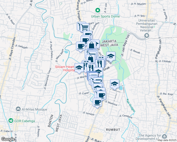 map of restaurants, bars, coffee shops, grocery stores, and more near Jatiluhur in Kota Depok