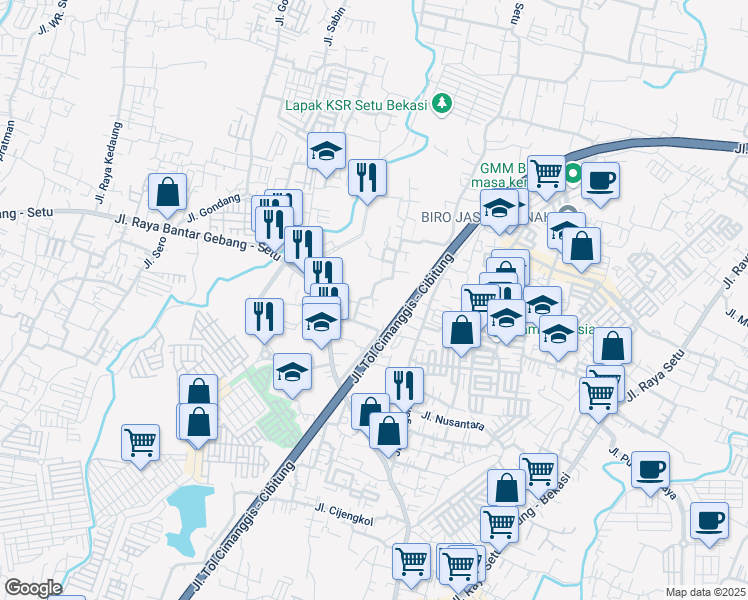 map of restaurants, bars, coffee shops, grocery stores, and more near in Bekasi Regency