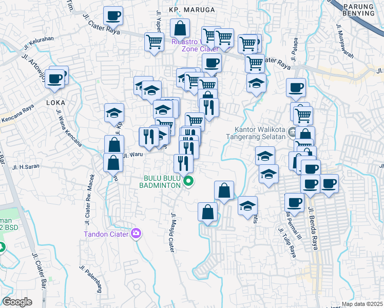 map of restaurants, bars, coffee shops, grocery stores, and more near Jalan Masjid Ciater in Kota Tangerang Selatan