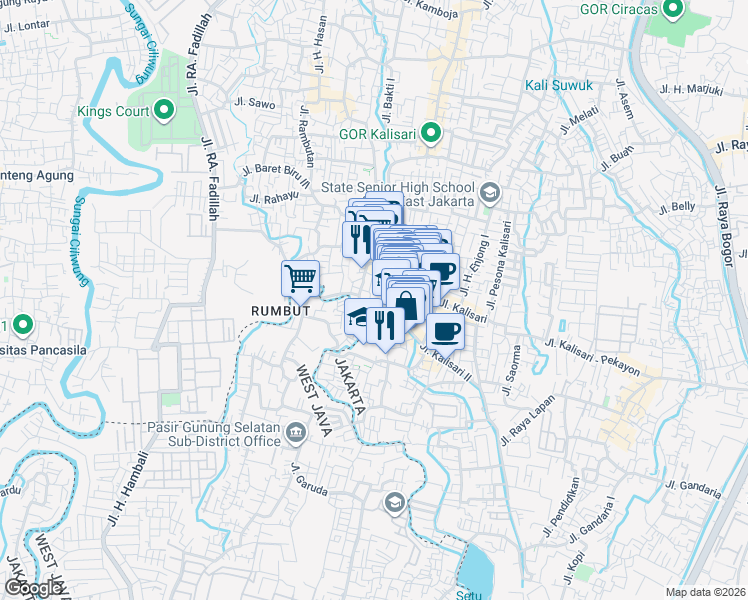 map of restaurants, bars, coffee shops, grocery stores, and more near 14 Jalan Kemang in Kota Jakarta Timur