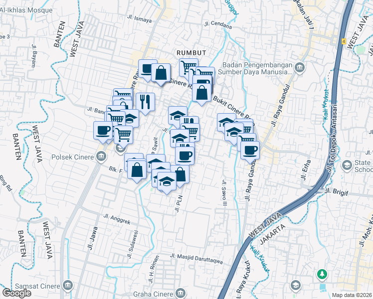 map of restaurants, bars, coffee shops, grocery stores, and more near 46 Jalan Mesjid Nur Amin/Gandul in Depok
