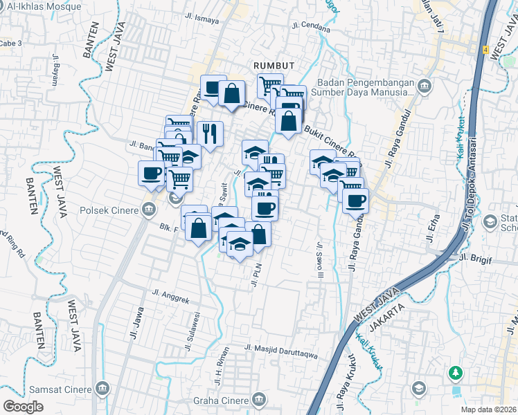 map of restaurants, bars, coffee shops, grocery stores, and more near 46 Jalan Mesjid Jami Nurul Amin in Kota Depok