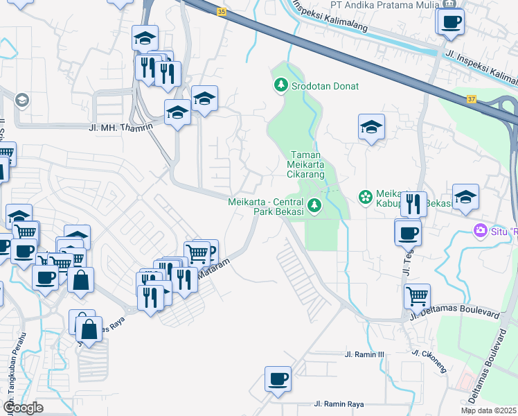 map of restaurants, bars, coffee shops, grocery stores, and more near Jalan Orange County Boulevard in Bekasi