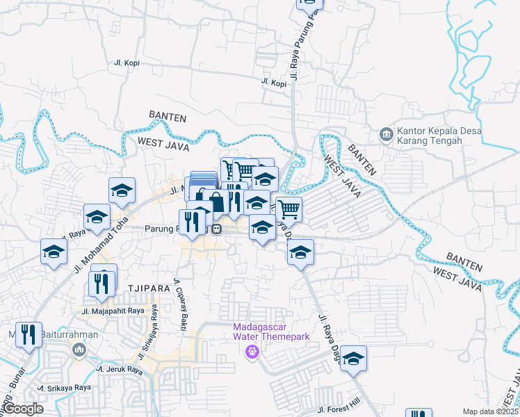 map of restaurants, bars, coffee shops, grocery stores, and more near Jalan Raya Dago in Parung Panjang