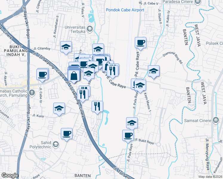 map of restaurants, bars, coffee shops, grocery stores, and more near 29 Jalan kemiri 2 in South Tangerang