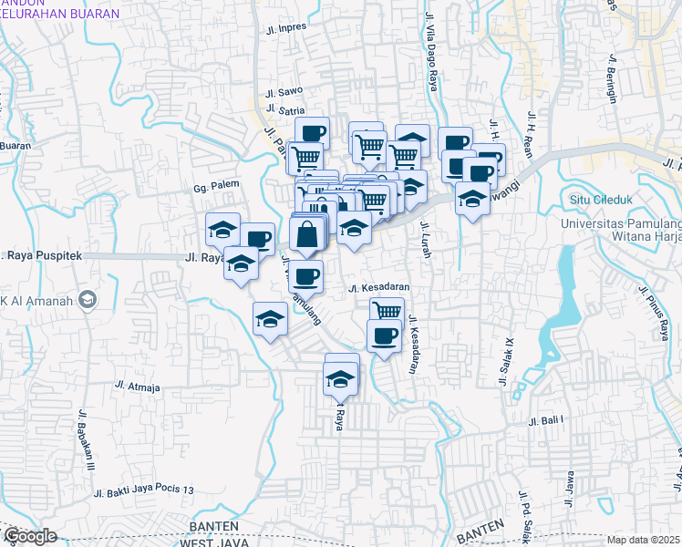 map of restaurants, bars, coffee shops, grocery stores, and more near 36 Jalan Kesadaran in South Tangerang