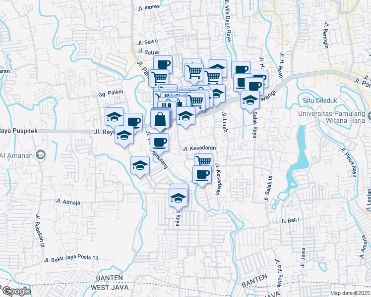 map of restaurants, bars, coffee shops, grocery stores, and more near 36 Jalan Kesadaran in Kota Tangerang Selatan
