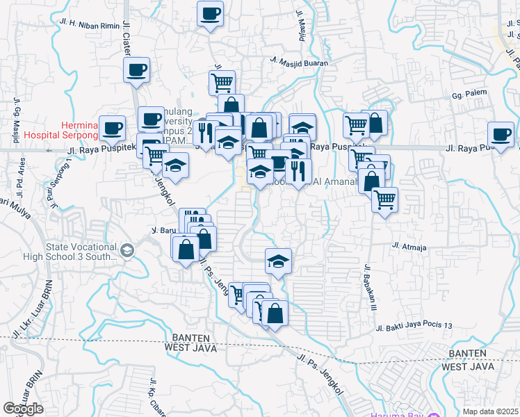 map of restaurants, bars, coffee shops, grocery stores, and more near Jalan Nirwana Serpong Agung in Kota Tangerang Selatan