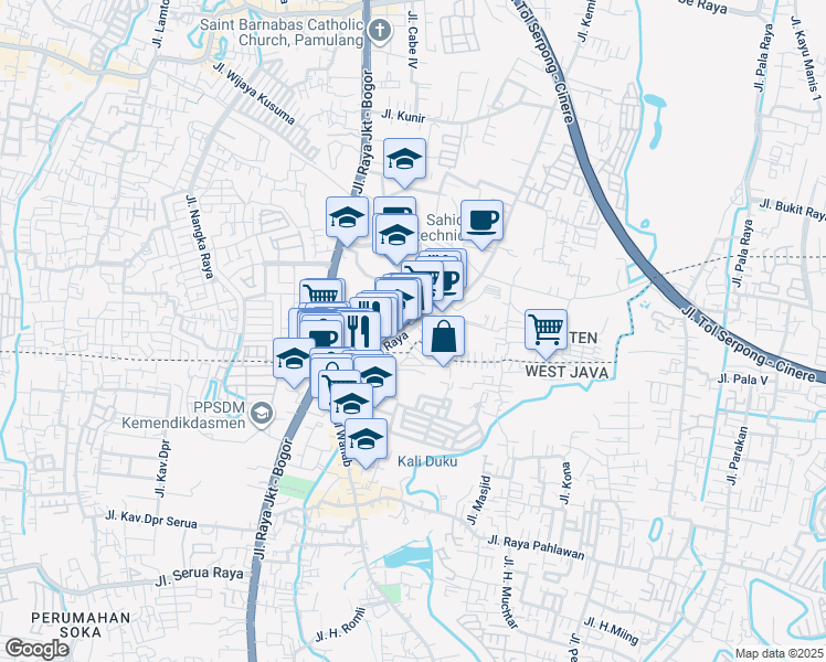 map of restaurants, bars, coffee shops, grocery stores, and more near 48 Jalan Kemiri Raya in Kota Tangerang Selatan